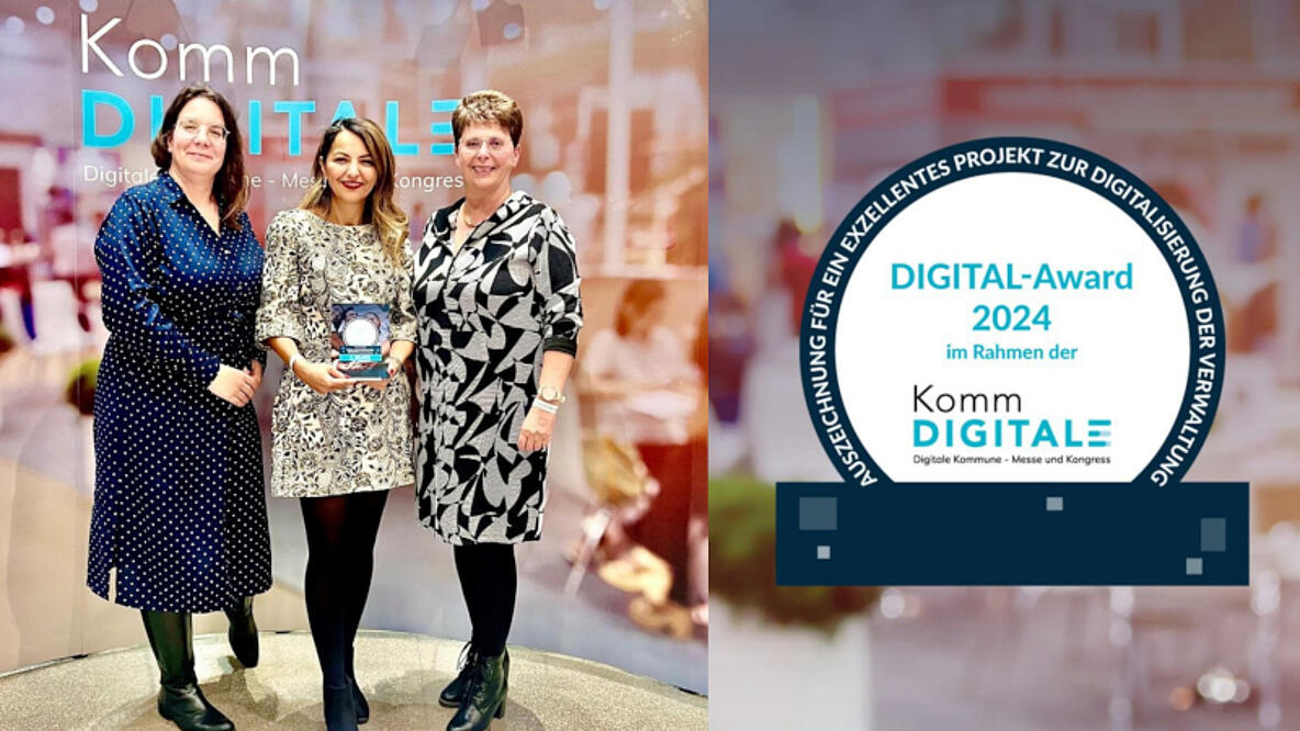 Cigdem Bern (in der Mitte), Beigeordente der Stadt Krefeld, nimmt gemeinsam mit zwei Mitarbeiterinnen den Digital-Award der KommDIGITALE am 19.11.2024 in Bielefeld entgegen. 